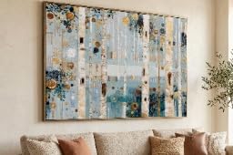 Forêt bleue et dorée peinture sur toile abstrait bouleaux décoration intérieure rustique moderne