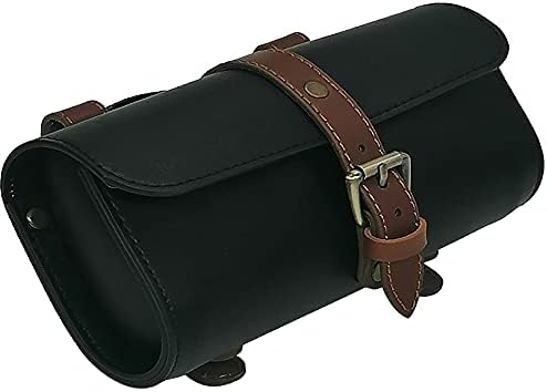 Bike Handlebar Leather Bags Under Seat Retro Classical Mountain MTB Road Bike Leather Bag for Cell Phone，Saddle Tail Rear Pouch Seat Storage Bag (Black+Dark brown, Small)