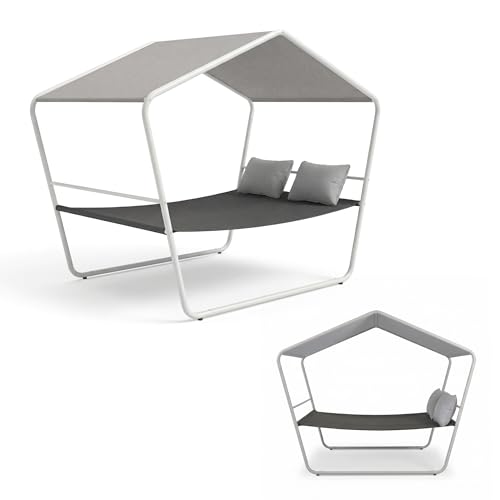 HAPPERS Cama Balinesa para Exterior de Acero y Tejido de Secado Rápido | Tumbona Doble de Jardín y Terraza con Techo | Cama Chill out con Dosel para Piscina y Porche | 193 x 137,5 x 233 cm