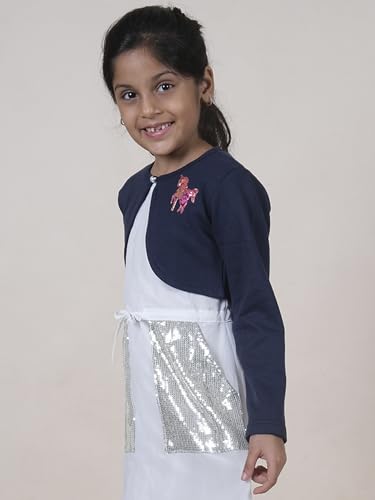 Image of KiddoPanti Girls Fleece Crop Length Shrug | Cotton Poly Fleece Fabric |Sequin Patch on Chest | Front Open Pearl Button Closure | Crop Length, Full Sleeve | Lightweigth & Breathable Girls Shrug