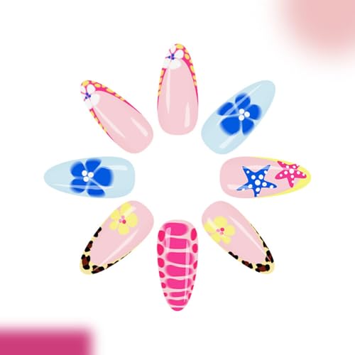 Image of Flower Press on Nails Medium Almond Fake Nails with Pastel Blue Fish Star Nail press ons Glossy Full Cover Ombre Stick on Nail for Women Manicure 24Pcs