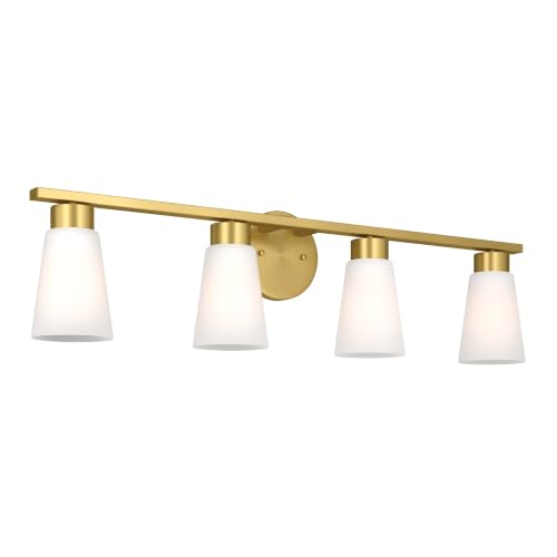 Image of Kichler Stamos 31.25 inch 4-Light Soft Modern Vanity Light with Satin Etched Glass in Brushed Gold, (8.25 inch H x 31.2 5 inch W), 55122BG