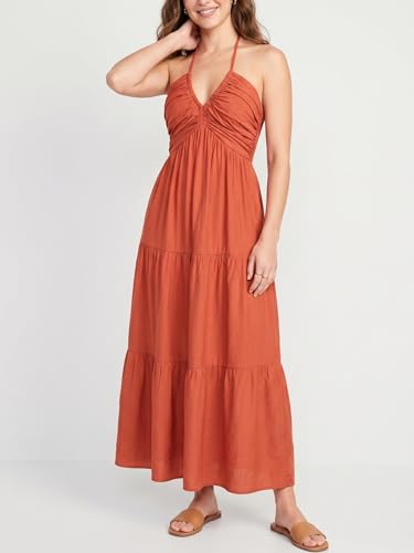 Image of Women's Casual Halter Tiered Vacation Maxi Dress with Pockets