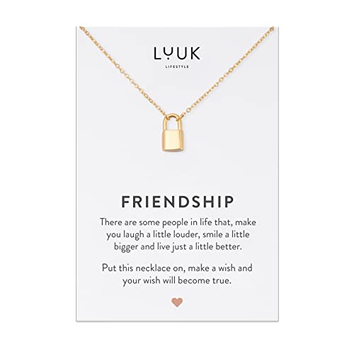 LUUK LIFESTYLE Collier d'amitié en acier inoxydable avec pendentif cadenas et carte FRIENDSHIP, bijoux pour femmes, cadeau original, accessoire minimaliste, or