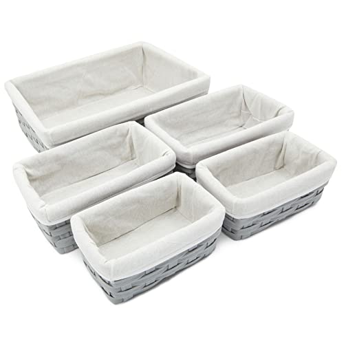5 Piece Grey Wicker Baskets With Cloth Lining For Storage, Lined Bins For Organizing Closet Shelves (3 Sizes) #TOP6