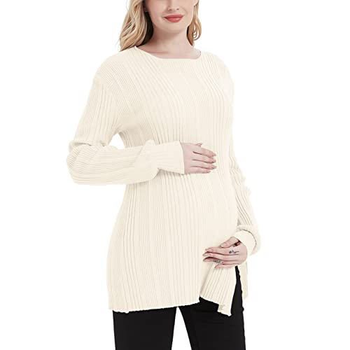 Sweetbump Womens Maternity Sweater Ribbed Knit Long Sleeve Crewneck Side Split Tie Knot Tee T Shirts Soft Tunic Blouse Pregnancy Tops Apricot M #TOP2