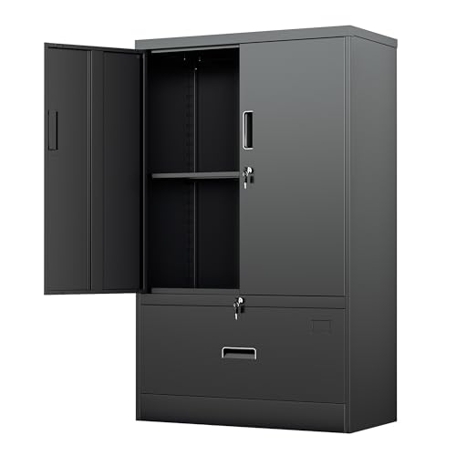 Image of INTERGREAT Metal Storage Cabinet with Drawer,52 inch H*32 inch W*16 inch D File Cabinets,Steel Locking Storage Cabinet with Doors and Shelves for Home,Office,Garage,School,Fit A4 /Letter /Legal File (Black)