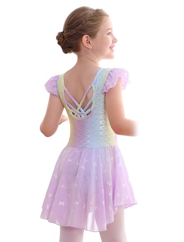 MdnMd Girls Ballet Leotards Toddler Dance Dresses Outfit Soft Ballerina Skirt Shiny Bowknot Ruffle Sleeve Hollow Back