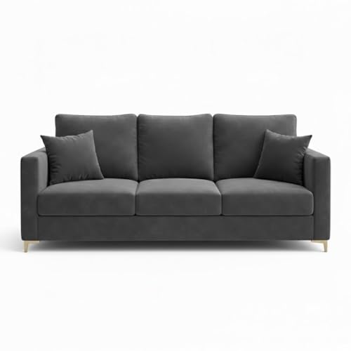 Image of Hayes Rich Velvet Suede 3 Seater Sofa | Golden Aesthetic Legs | Spacious Soft Touch Comfort Seating | Modern Luxe Sofa for Living Room (Dark Gray)