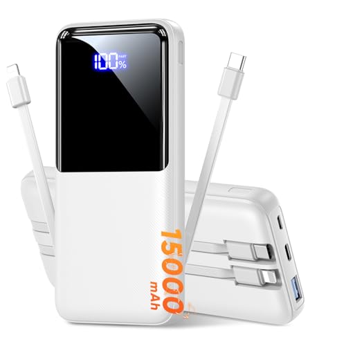 Portable Charger Power Bank, 50% Larger Capacity 15000mAh Battery Pack with Built in Cable, 22.5W...