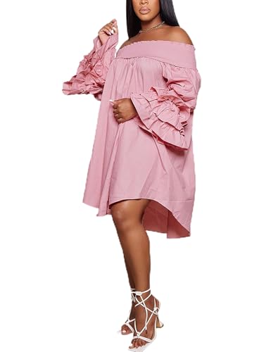 Image of WOKANSE Party Dresses for Women Off Shoulder Layered Flare Sleeve A line Ruched Plus Size Midi Summer Dress