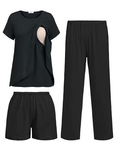 Ekouaer 3 PCS Maternity Nursing Pajamas Set Postpartum Breastfeeding Short Sleeve Shirts, Pregnancy...