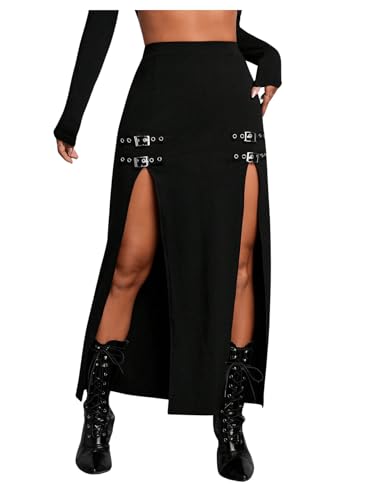 GORGLITTER Festival Outfit Damen Rave Rock Y2K Gothic Partyrock mit Schlitz Tanzrock Hohe Taille Techno Outfit Freizeitrock Schwarz L