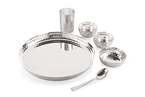 Image of Silverglow Hammered Stainless Steel Dinner Set for 4 People, Silver Plated dinnerware Set of 24 pcs, Diwali Wedding Return Gift, Pure-Silver Plate Set Original