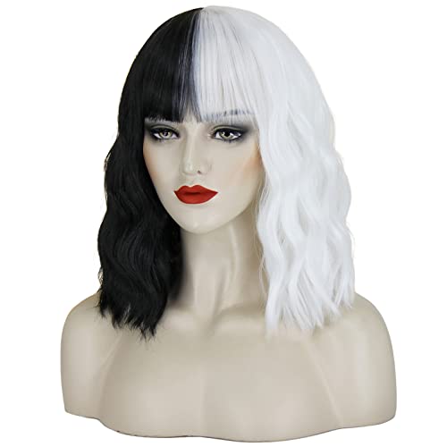 Cruella Deville Costume Women Wig Black and White Cosplay Wig 13'' Short Curly Wavy Colored Bob Hair Wig with Bangs for Women Halloween Party SL003BW