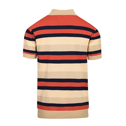 Men's Knit Polo Shirts, 1960s Mod Style Retro Stripe Short Sleeves Casual V-Neck Short Shirts, Light Brown2