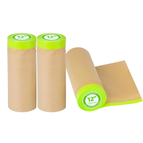 Tangibay Pre-Taped Masking Paper for Painting - 12 inch x 50 feet Tape and Drape Painters Paper, Paint Adhesive Protective Paper Roll for Covering Skirting, Frames, Cars and Auto Body (3 Rolls)