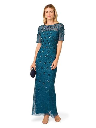 Image of Adrianna Papell Womens Beaded Long 3D Floral Dress