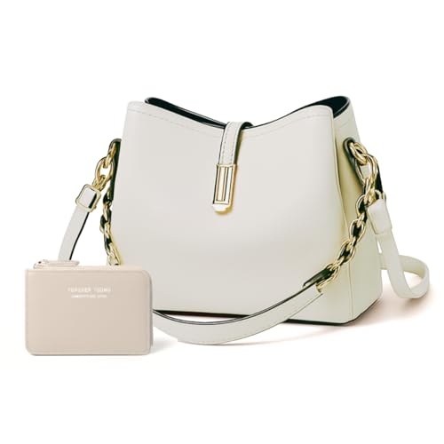 Bolsa Feminina Couro Plutônio Bolsa de Ombro Mão Transversal para Uso Diário Luxo Bolsa de Mão Multicamadas Tamanho Médio Moderna (Off White + Carteira)