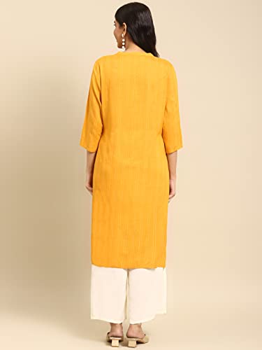 Image of rangita Yellow Rayon Calf Length Striped Straight Kurti for Women | Kurta for Women