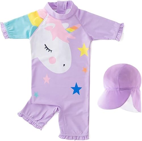 Image of JiAmy Girls Swimsuit Swimming Costume Long Sleeve One-Piece UV Protection Swimwear Summer Rash Guard Bathing Suits with Sun Hats Purple 3-4 Years