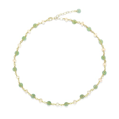 LOOYUUPEE 14K Gold Plated Natural Jade & Pearls Necklaces for Women, Natural Freshwater Pearls Jade Pendant Lucky Green Jewelry Chain for Women Lover (14K Gold Plated)