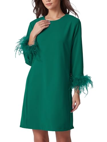 Image of D-Sun Women Feather Dress 3 /4 Feather Sleeves Mini Dress | Round Neck,Elegant Party Dress, Wedding Guest Cocktail Dresses with Pocket