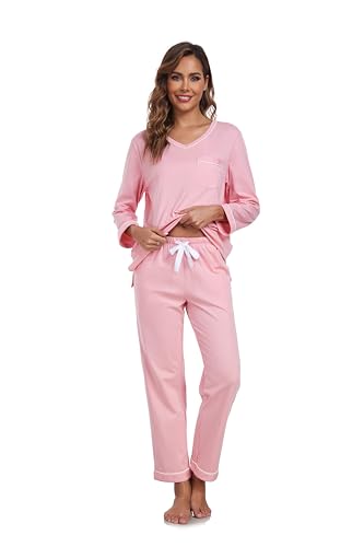 Image of COLORFULLEAF 100% Cotton Pajama Set for Women Long Sleeve Sleepwear with Pants Soft Comfy Two-Piece Pjs with Pockets