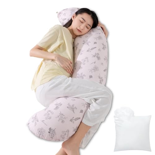 Genki life 抱き枕 だきまくら 妊婦 授乳クッション マタニティ枕 授乳枕 補充綿200ｇ付き ボリューム調整可 カバー綿100％ カバーのみ洗える 大きいサイズ 長さ約130cm 妊娠祝い 母の日プレゼント ピンク 花柄(英字入り)