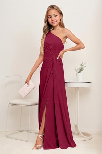 Junior Bridesmaid Dresses for Teen Girls One Shoulder Chiffon Flower Girl Dress Burgundy Long Party Pageant Gowns Size 102
