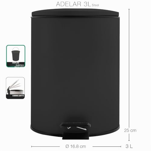 Miniatura 3 de Spirella - Papelera Adelar 3 Litros Acero Inoxidable, Con Descenso Automático Y Cubo Interior, Cierre Suave , Negro Mat