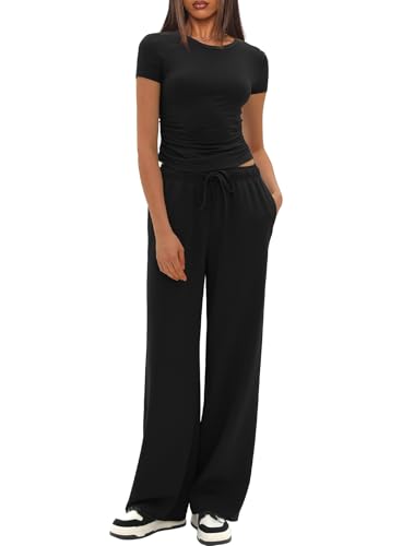 Darong Women's 2 Piece Outfits Casual Short Sleeve Pullover Tops and Wide Leg Pants Tracksuits Lounge Sets Trendy Clothes
