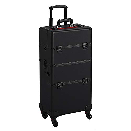 Yaheetech 3 in 1 Train Case Professional Large Black Rolling Cosmetic Case Makeup Trolley Organizer Case