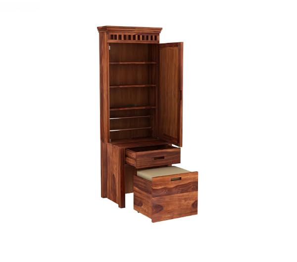 Image of Solid Wood Wooden Dressing Table for Bedroom with 1 Drawer Mirror and Huge Storage Space with Stool | Long Dresser Table with Mirror