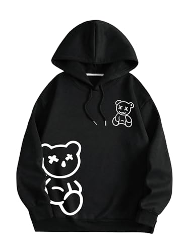 Men's Bear Graphic Drawstring Pullover Hoodie Causal Long Sleeve Hooded Sweatshirts