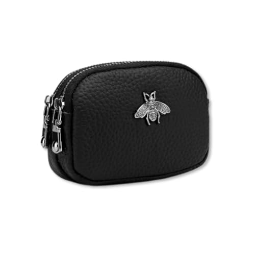 Carteira Feminina Compacta de Couro Texturizado Preto com Abelha Metálica – 2 Zíperes, Compacta, Elegante e Resistente