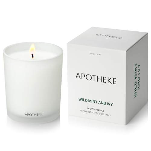 Image of Apotheke Signature Scented Candles for Home, Wild Mint & Ivy - 10.5 oz - Soy Wax, Non Toxic, Large Jar White - Luxury Candle Gifts for Women & Men - Eucalyptus, Patchouli, Cedarwood, and Rose