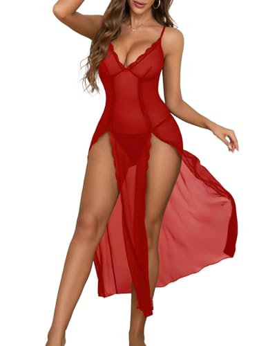 Image of PITINAN Women Lingerie Lace Babydoll Chemise Sexy Mesh Nightdress V Neck Nightwear Side Split Nightgown S-XXL