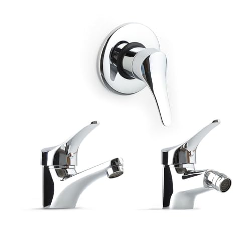 Kiamami Valentina - Set Miscelatori Bagno | Rubinetto Lavabo, Bidet e Incasso Doccia | Ottone Cromato, Leva Zinco | Cartuccia 40 mm, Flessibile 35 cm | Certificati ACS