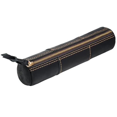 Image of ECHSRT Genuine Leather Pencil Pouch, Slim Cylinder Vintage Pen Bag, Black | Full-Grain Cowhide Leather, Crazy Horse Finish, Slim Cylinder, Single Zipper, Vintage Pen Organizer for Adults