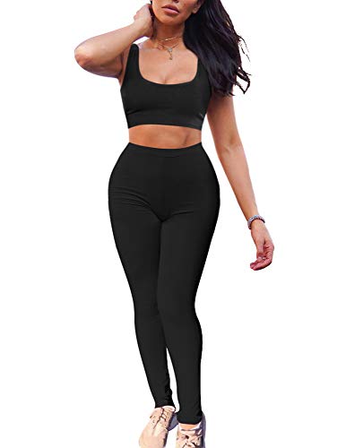 GOBLES Women's 2 Piece Outfits Tank Crop Top Skinny Long Pants Sets Tracksuits Black