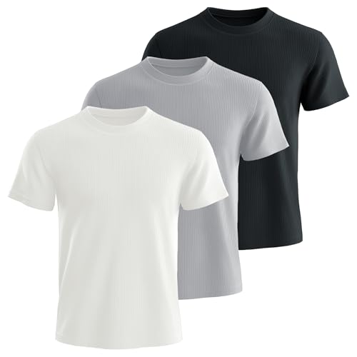 Huukeay 3 Pack Men's Big and Tall Ribbed T Shirts Crew Neck Short Sleeve Plus Size Tees Casual Slim Fit Knit Shirts2