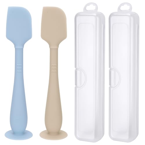 Image of 2 Pack Diaper Cream Spatula with Hygienic Travel Case, Butt Spatula Baby with Suction Base, Baby Butt Paste Spatula, Soft Silicone Diaper Rash Cream Applicator Large Size (Blue & Offwhite)