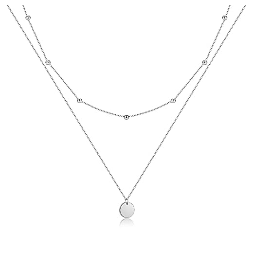 AFSTALR Damen Layered Kette Silber Plättchen Kette Doppel Multilayer Halskette mit Coin Runden Anhänger
