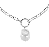 Capwell + Co Short Paperclip Chain Necklace with Irregular Baroque White Acrylic Faux Pearl Drop Sil