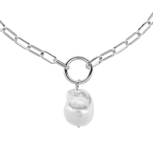 Capwell + Co Short Paperclip Chain Necklace With Irregular Baroque White Acrylic Faux Pearl Drop Silver Fashion For Women #TOP6
