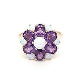 9ct Yellow Gold Opal & Amethyst Large Flower Cluster Ladies Ring - Ring Size M - R280 - British Made Jewellery Ladies