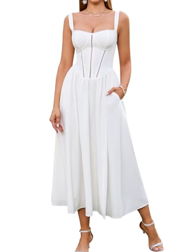 KUTUMAI Summer Floral Corset Midi Wedding Guest Dresses for Women White