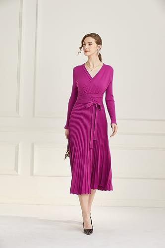 Image of Women's Long Knit Crewneck Sweater Dress Tie Waist A-Line Swing Pleated Bodycon