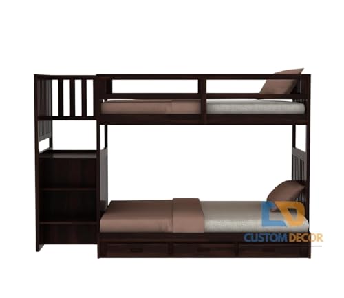 Image of Custom Decor Sheesham Wood Bunk Bed | Wooden Double Bed Bed Furniture for Bedroom | Living Room | Home (Spring-W)